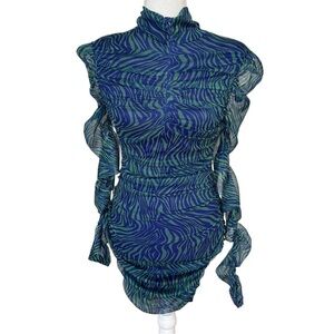 Capsulle Blue Green Front Zip High Neck Bodycon Mini Dress NWT Size Large